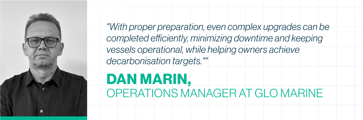 ship retrofits worldwide, global retrofit solutions, turnkey retrofit services, GLO Marine on-site teams, IMO decarbonisation retrofits, vessel modernisation global shipping, ship conversion services international